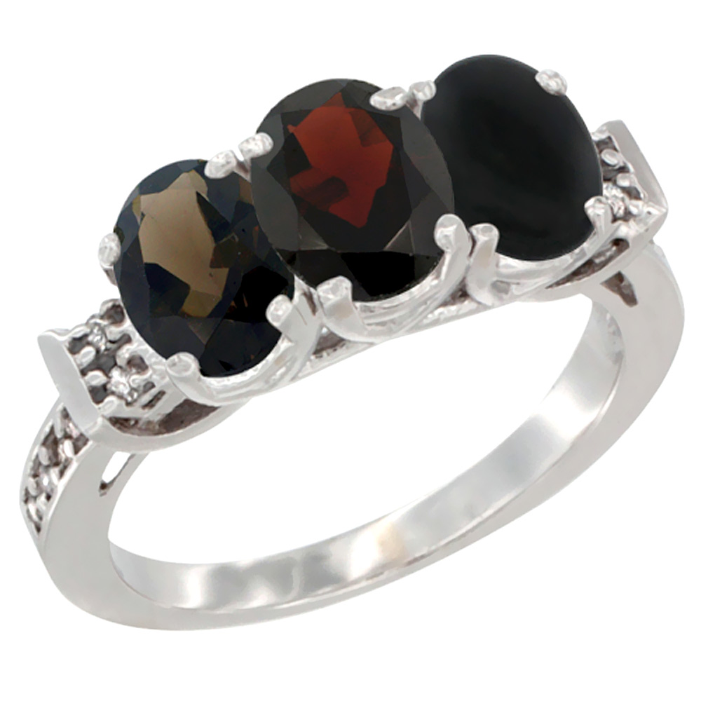 14K White Gold Natural Smoky Topaz, Garnet & Black Onyx Ring 3-Stone Oval 7x5 mm Diamond Accent, sizes 5 - 10