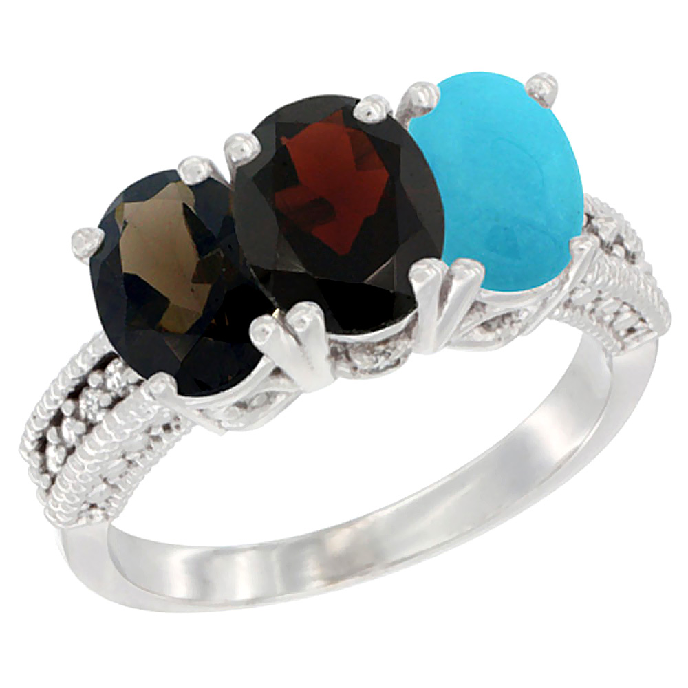 10K White Gold Natural Smoky Topaz, Garnet & Turquoise Ring 3-Stone Oval 7x5 mm Diamond Accent, sizes 5 - 10