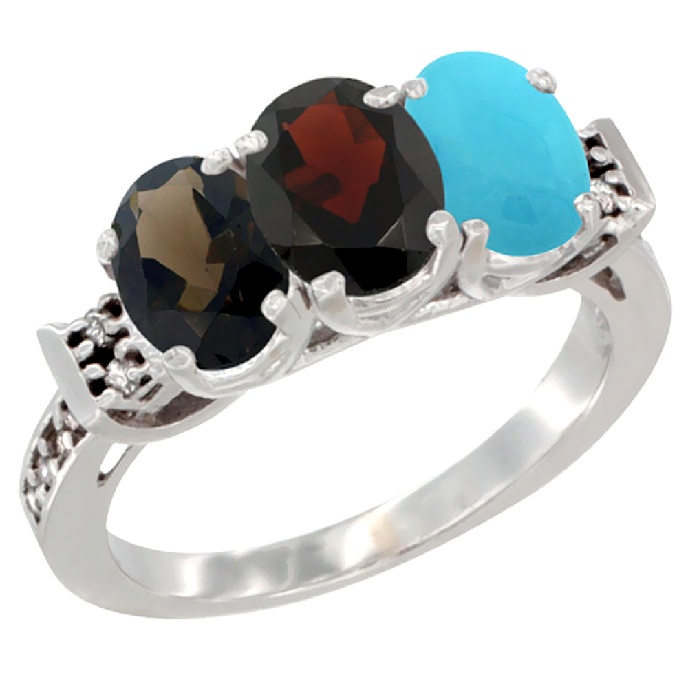 10K White Gold Natural Smoky Topaz, Garnet & Turquoise Ring 3-Stone Oval 7x5 mm Diamond Accent, sizes 5 - 10