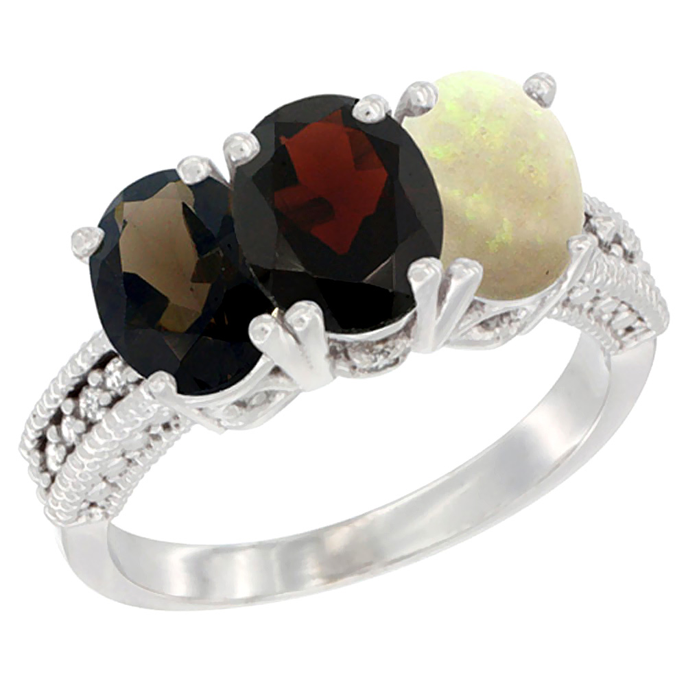 14K White Gold Natural Smoky Topaz, Garnet & Opal Ring 3-Stone 7x5 mm Oval Diamond Accent, sizes 5 - 10