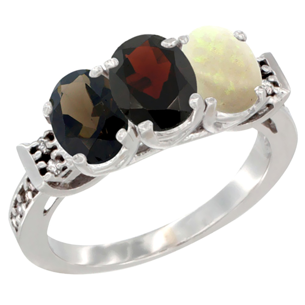 14K White Gold Natural Smoky Topaz, Garnet & Opal Ring 3-Stone Oval 7x5 mm Diamond Accent, sizes 5 - 10