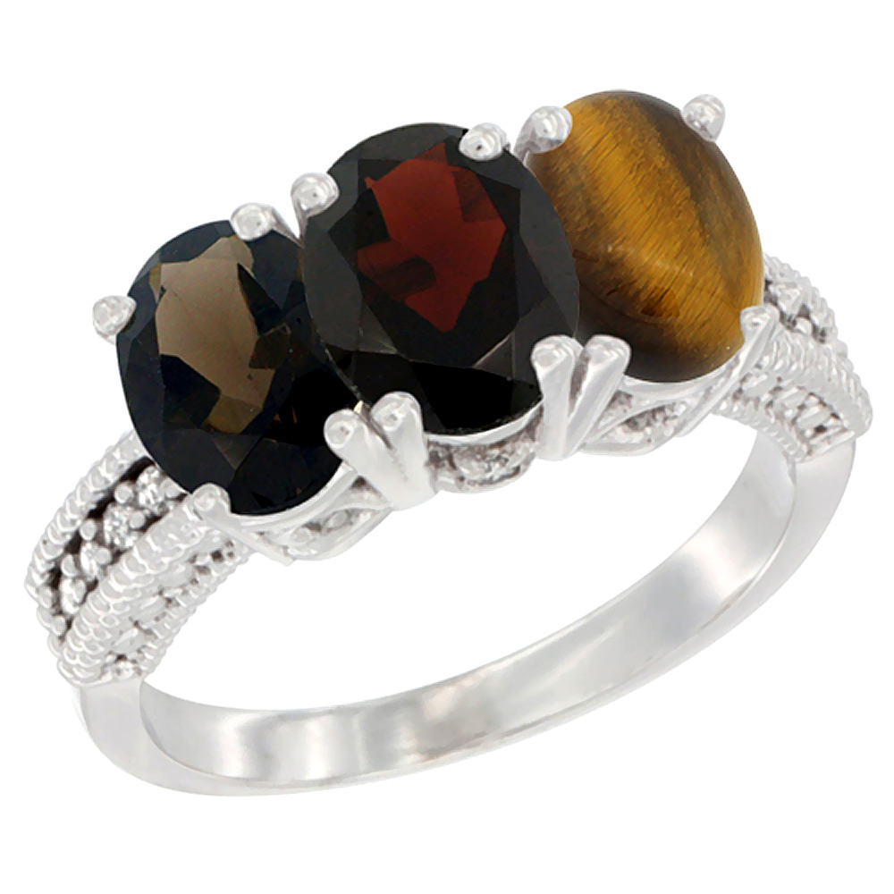 10K White Gold Natural Smoky Topaz, Garnet & Tiger Eye Ring 3-Stone Oval 7x5 mm Diamond Accent, sizes 5 - 10