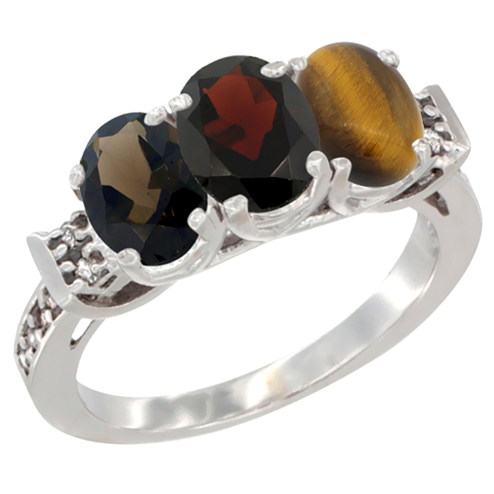 10K White Gold Natural Smoky Topaz, Garnet & Tiger Eye Ring 3-Stone Oval 7x5 mm Diamond Accent, sizes 5 - 10