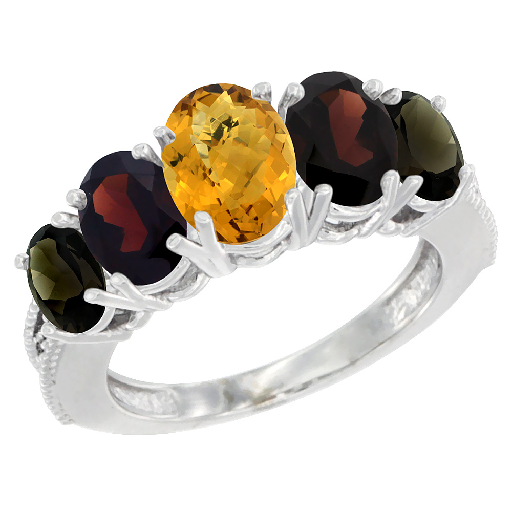 10K White Gold Diamond Natural Whisky Quartz,Garnet,Smoky Topaz Ring 5-stone Oval 8x6 Center,7x5,6x4,sz5-10