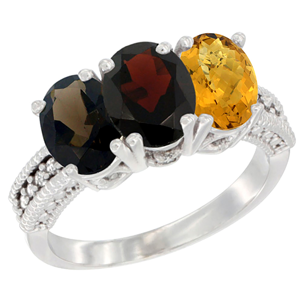 10K White Gold Natural Smoky Topaz, Garnet &amp; Whisky Quartz Ring 3-Stone Oval 7x5 mm Diamond Accent, sizes 5 - 10