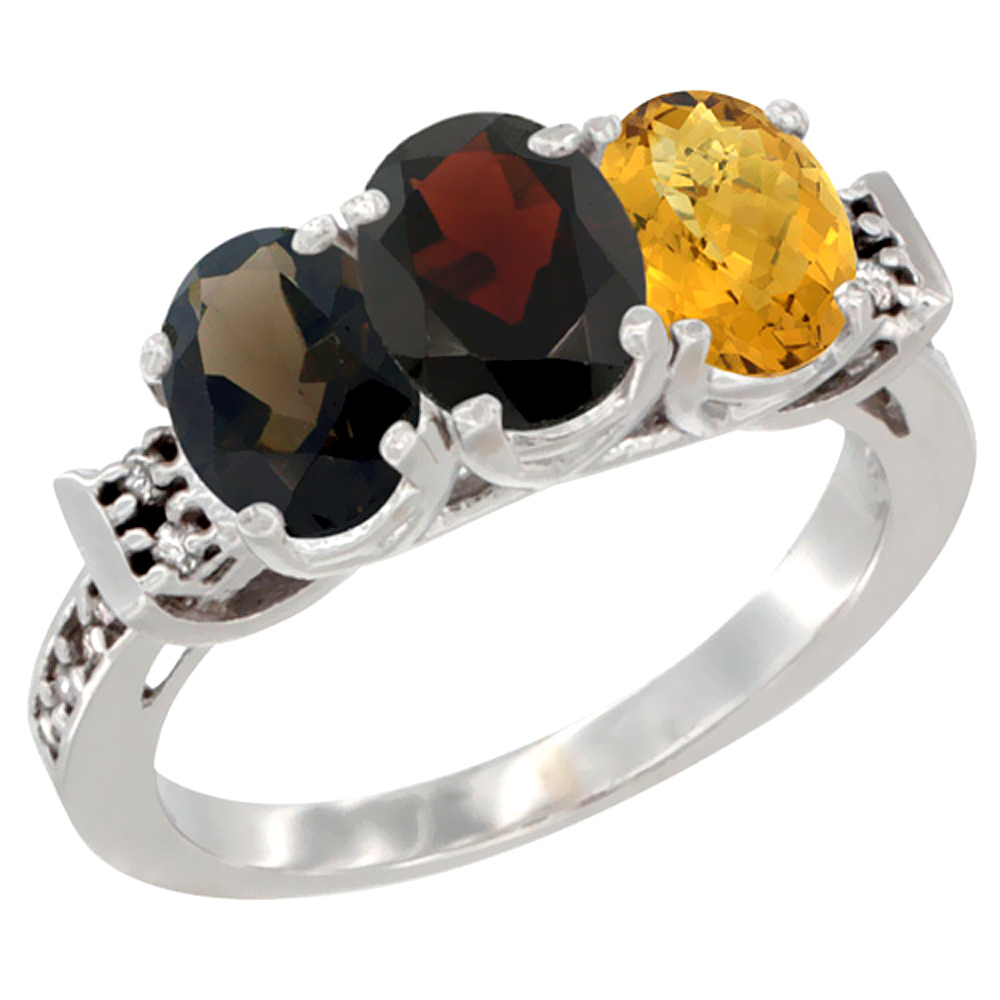 10K White Gold Natural Smoky Topaz, Garnet &amp; Whisky Quartz Ring 3-Stone Oval 7x5 mm Diamond Accent, sizes 5 - 10