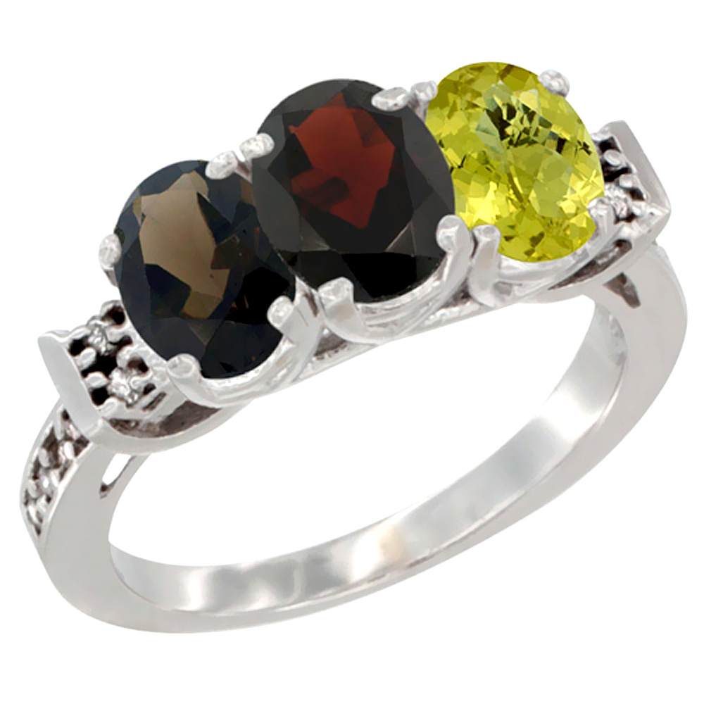 10K White Gold Natural Smoky Topaz, Garnet & Lemon Quartz Ring 3-Stone Oval 7x5 mm Diamond Accent, sizes 5 - 10