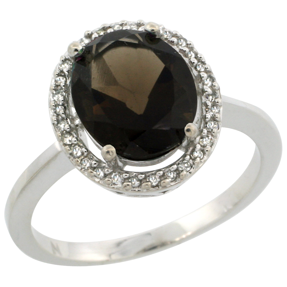 10K White Gold Diamond Halo Natural Smoky Topaz Engagement Ring Oval 10x8 mm, sizes 5-10