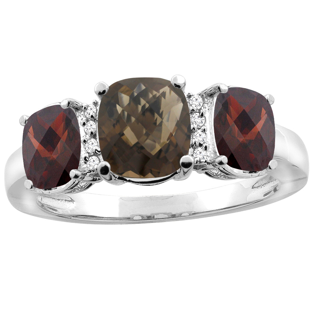 10K White Gold Natural Smoky Topaz & Garnet 3-stone Ring Cushion 8x6mm Diamond Accent, sizes 5 - 10