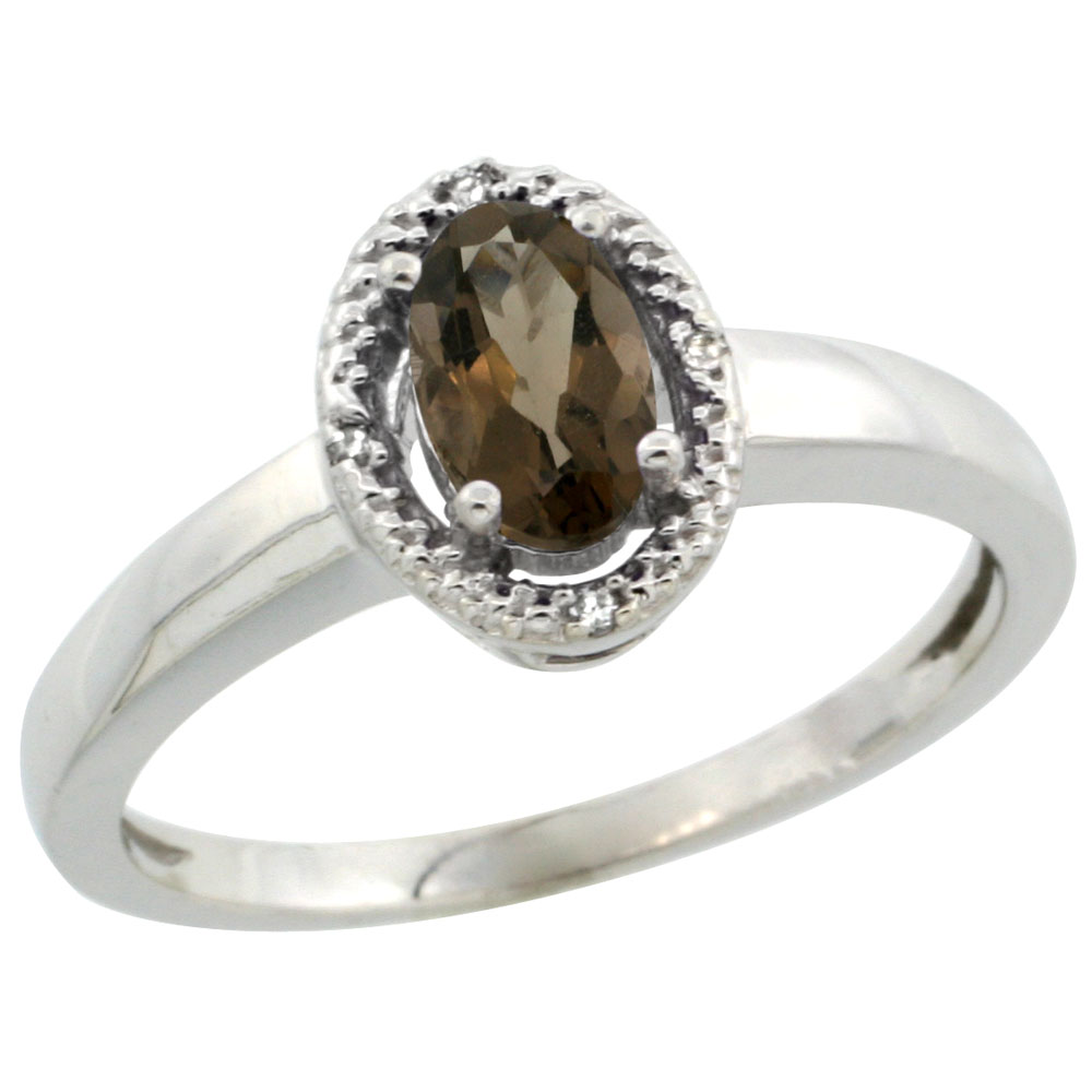 10K White Gold Diamond Halo Natural Smoky Topaz Engagement Ring Oval 6X4 mm, sizes 5-10