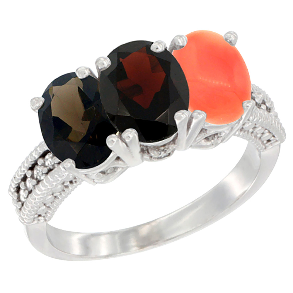10K White Gold Natural Smoky Topaz, Garnet & Coral Ring 3-Stone Oval 7x5 mm Diamond Accent, sizes 5 - 10