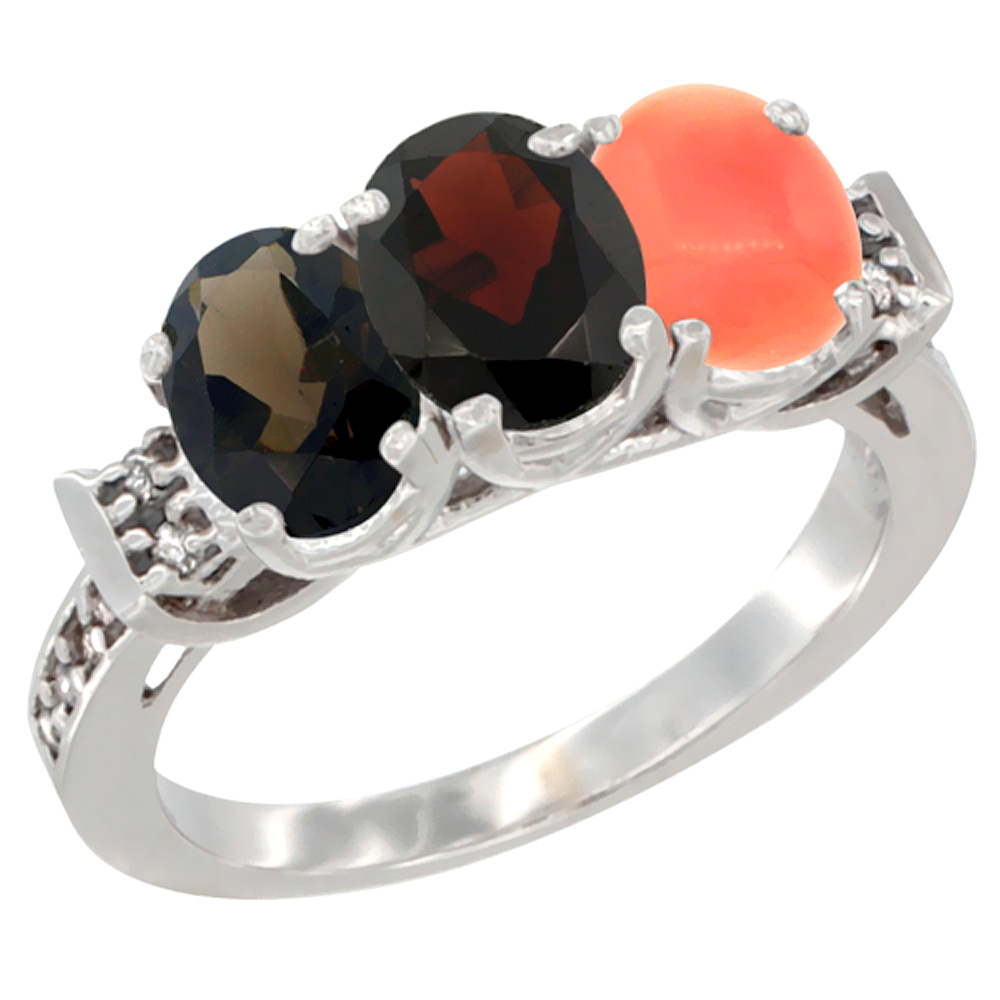 10K White Gold Natural Smoky Topaz, Garnet &amp; Coral Ring 3-Stone Oval 7x5 mm Diamond Accent, sizes 5 - 10