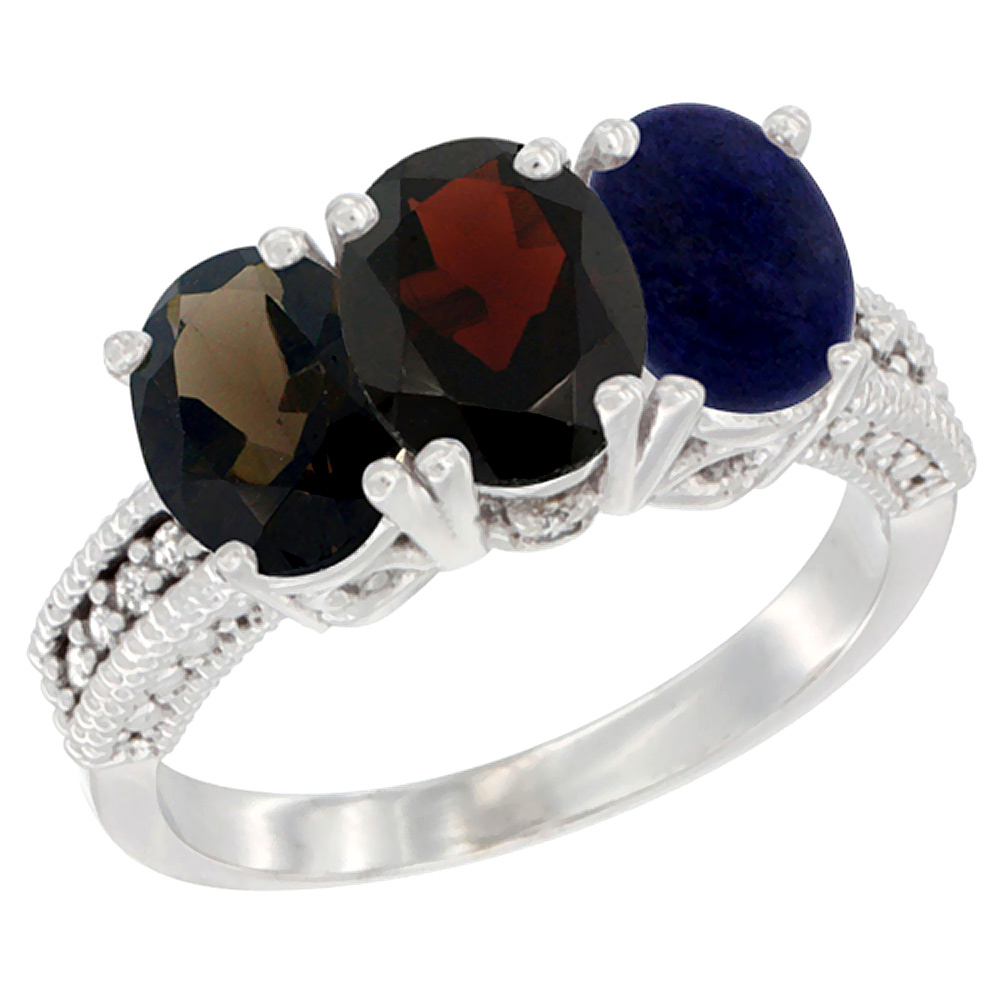 10K White Gold Natural Smoky Topaz, Garnet & Lapis Ring 3-Stone Oval 7x5 mm Diamond Accent, sizes 5 - 10