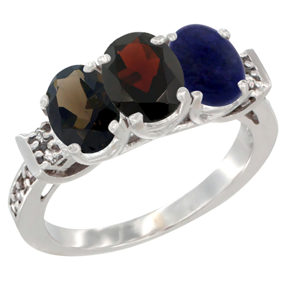 10K White Gold Natural Smoky Topaz, Garnet & Lapis Ring 3-Stone Oval 7x5 mm Diamond Accent, sizes 5 - 10