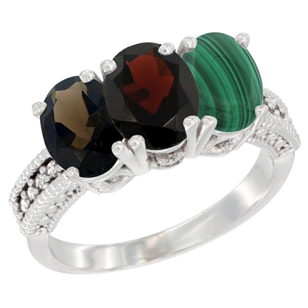 10K White Gold Natural Smoky Topaz, Garnet & Malachite Ring 3-Stone Oval 7x5 mm Diamond Accent, sizes 5 - 10