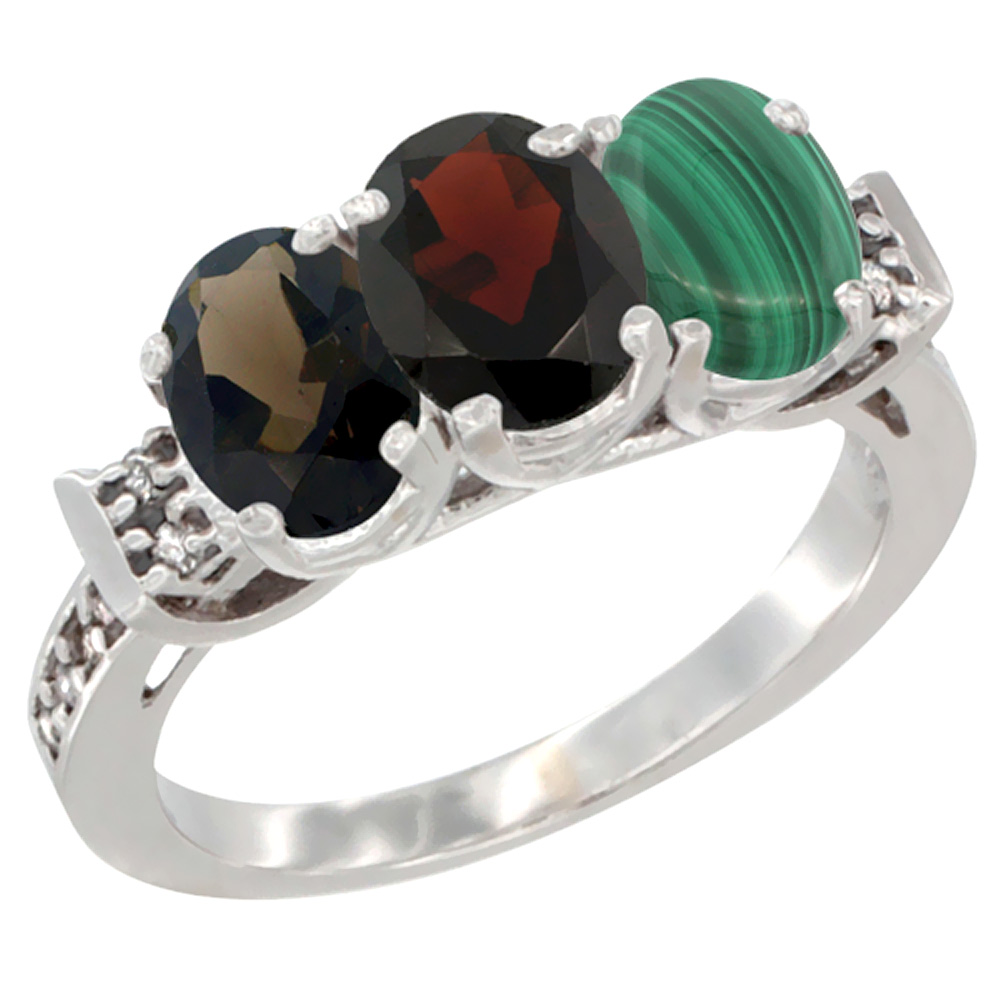 10K White Gold Natural Smoky Topaz, Garnet &amp; Malachite Ring 3-Stone Oval 7x5 mm Diamond Accent, sizes 5 - 10