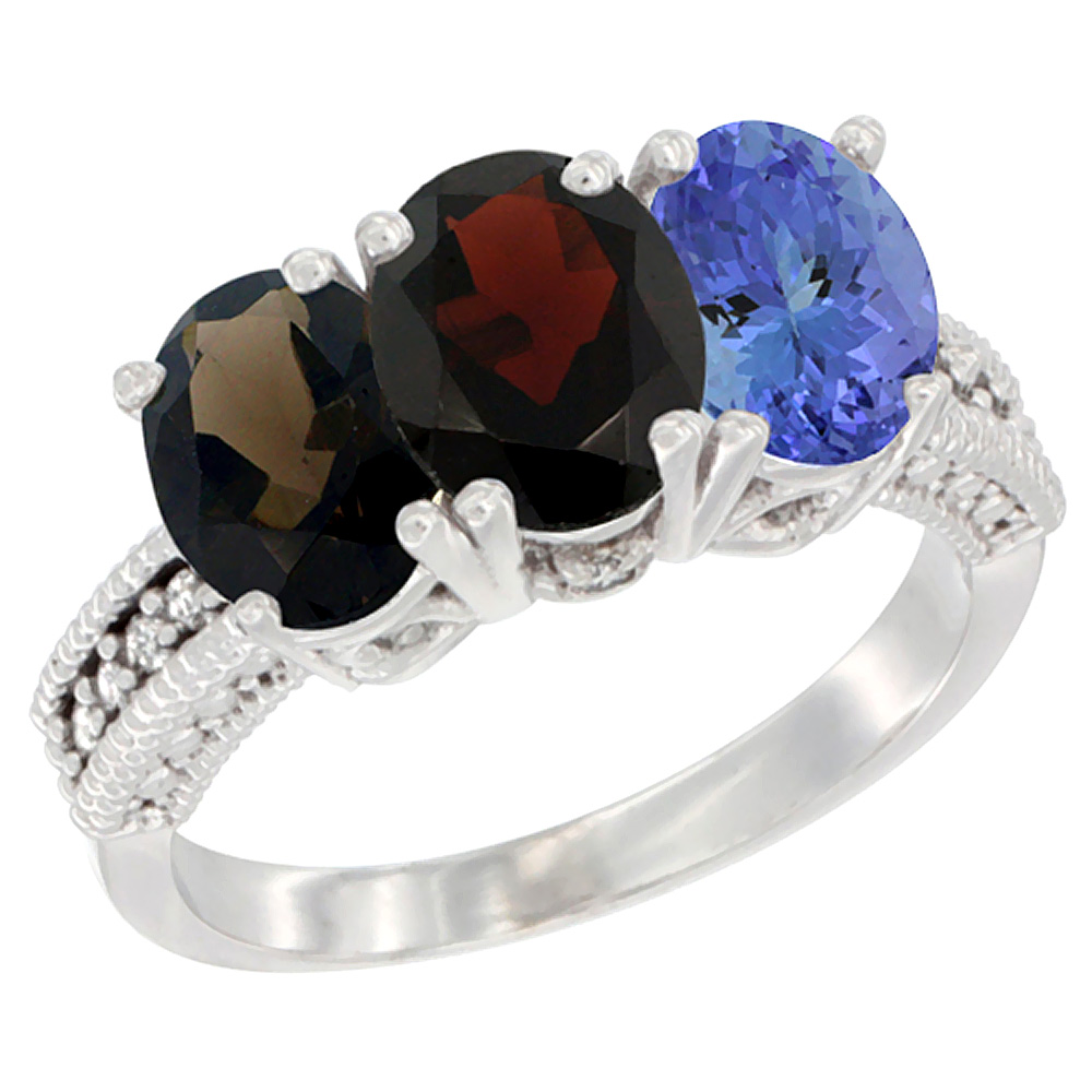 10K White Gold Natural Smoky Topaz, Garnet & Tanzanite Ring 3-Stone Oval 7x5 mm Diamond Accent, sizes 5 - 10