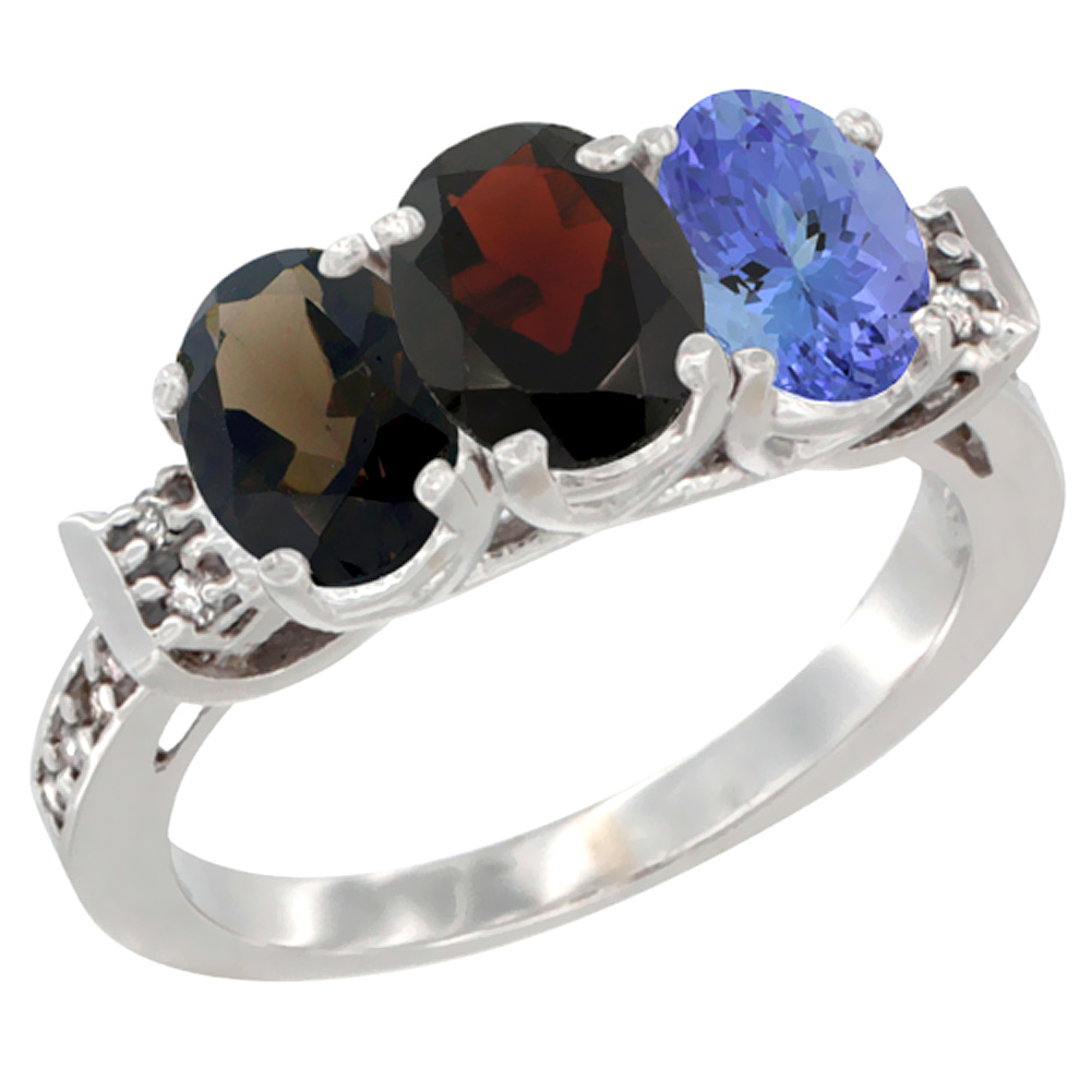 10K White Gold Natural Smoky Topaz, Garnet & Tanzanite Ring 3-Stone Oval 7x5 mm Diamond Accent, sizes 5 - 10