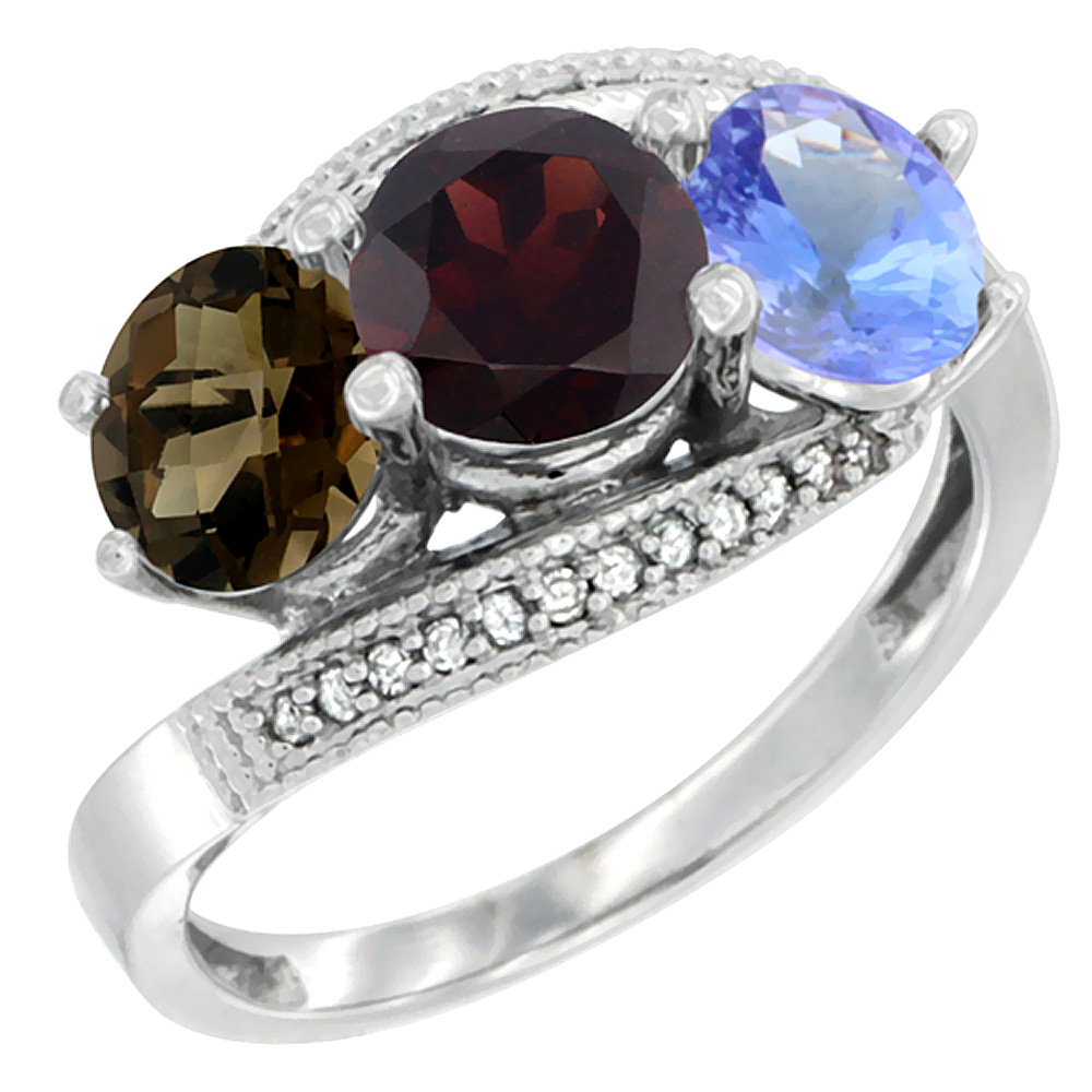 10K White Gold Natural Smoky Topaz, Garnet & Tanzanite 3 stone Ring Round 6mm Diamond Accent, sizes 5 - 10