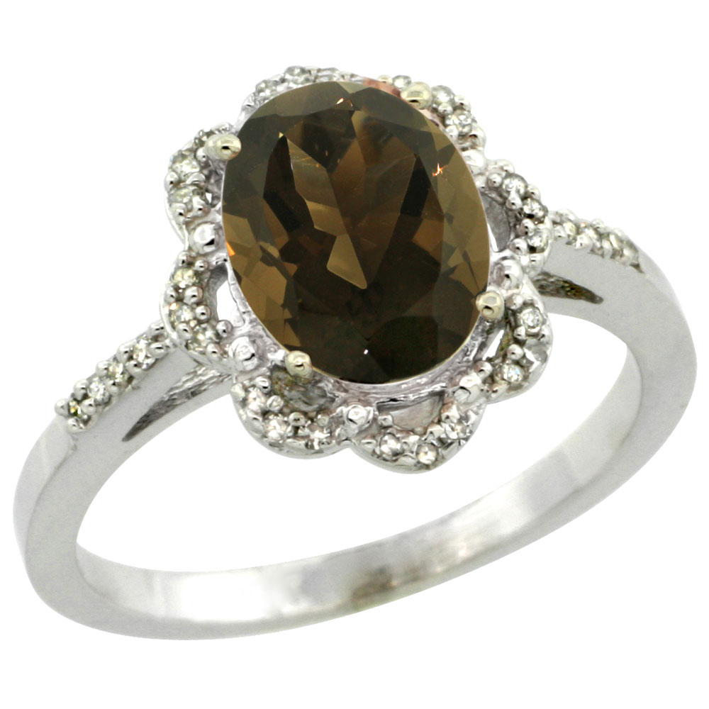 14K White Gold Diamond Halo Natural Smoky Topaz Engagement Ring Oval 9x7mm, sizes 5-10