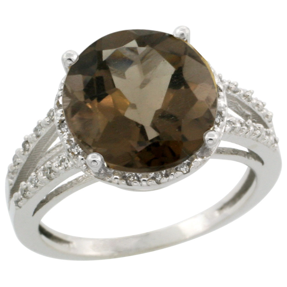 14K White Gold Diamond Natural Smoky Topaz Ring Round 11mm, sizes 5-10