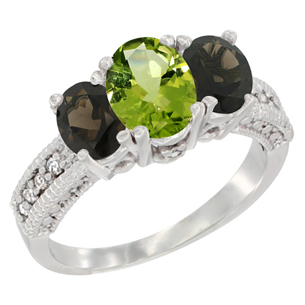 14K White Gold Diamond Natural Peridot Ring Oval 3-stone with Smoky Topaz, sizes 5 - 10