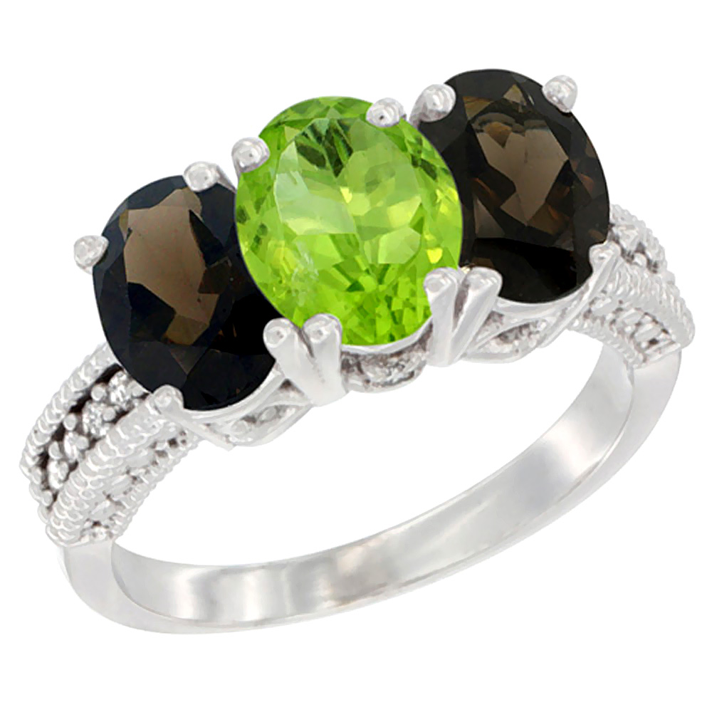 14K White Gold Natural Peridot & Smoky Topaz Ring 3-Stone 7x5 mm Oval Diamond Accent, sizes 5 - 10