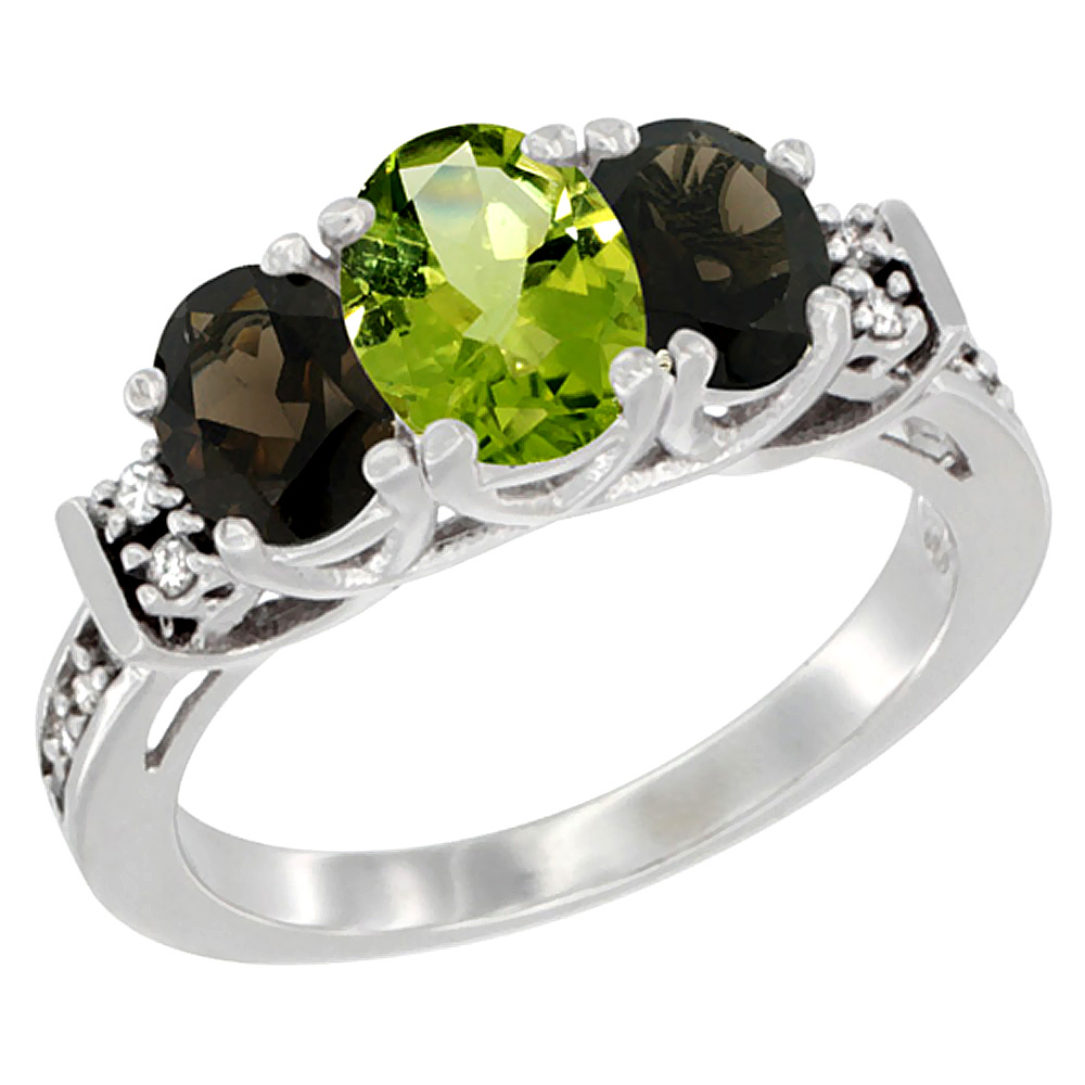 14K White Gold Natural Peridot & Smoky Topaz Ring 3-Stone Oval Diamond Accent, sizes 5-10