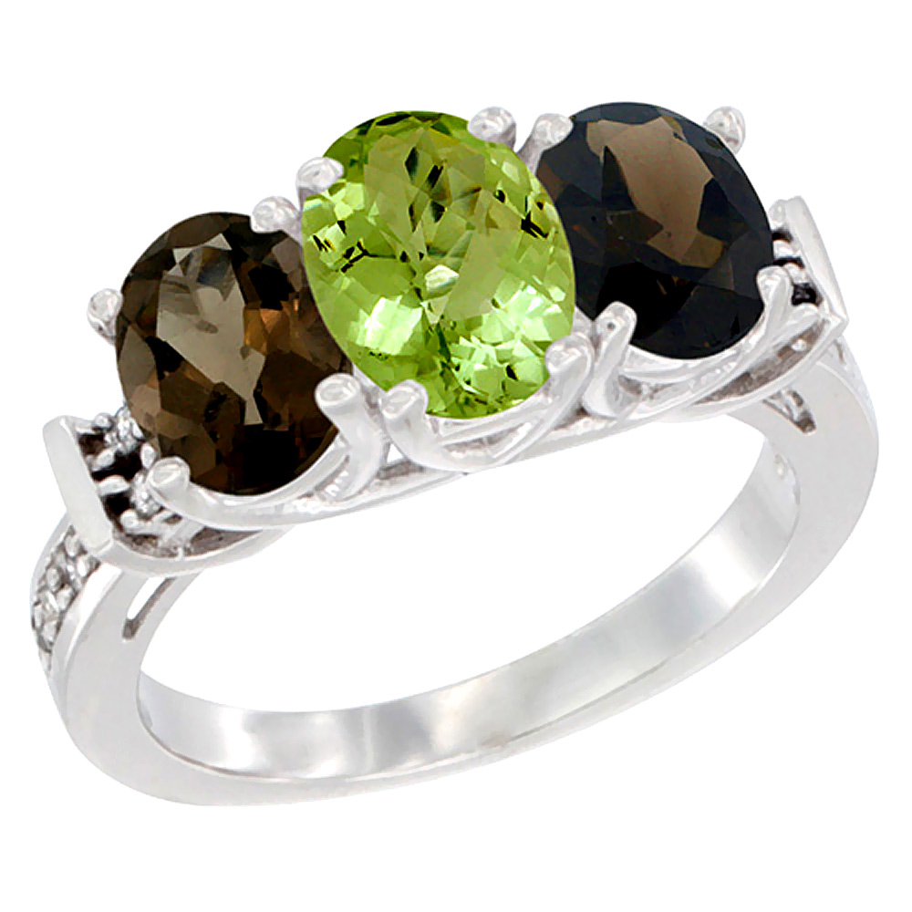 14K White Gold Natural Peridot & Smoky Topaz Sides Ring 3-Stone Oval Diamond Accent, sizes 5 - 10