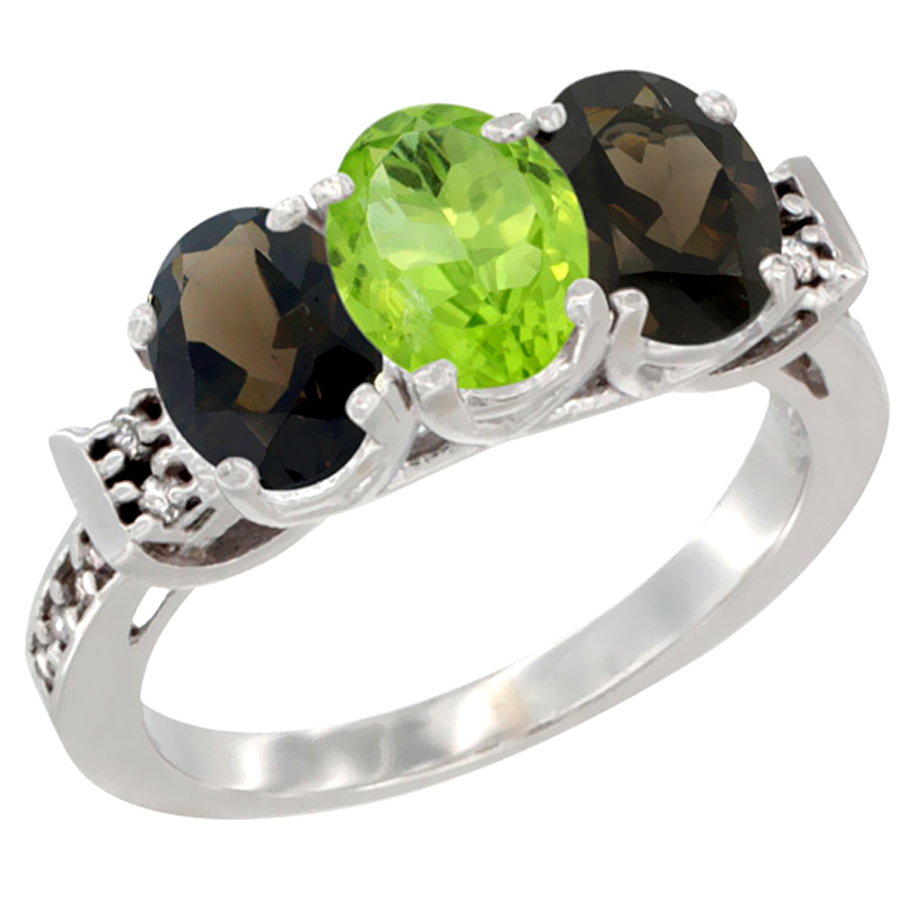 10K White Gold Natural Peridot &amp; Smoky Topaz Sides Ring 3-Stone Oval 7x5 mm Diamond Accent, sizes 5 - 10