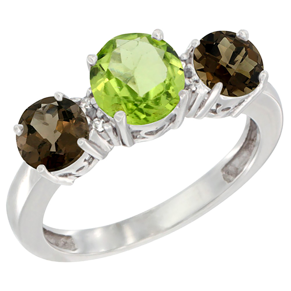 14K White Gold Round 3-Stone Natural Peridot Ring &amp; Smoky Topaz Sides Diamond Accent, sizes 5 - 10