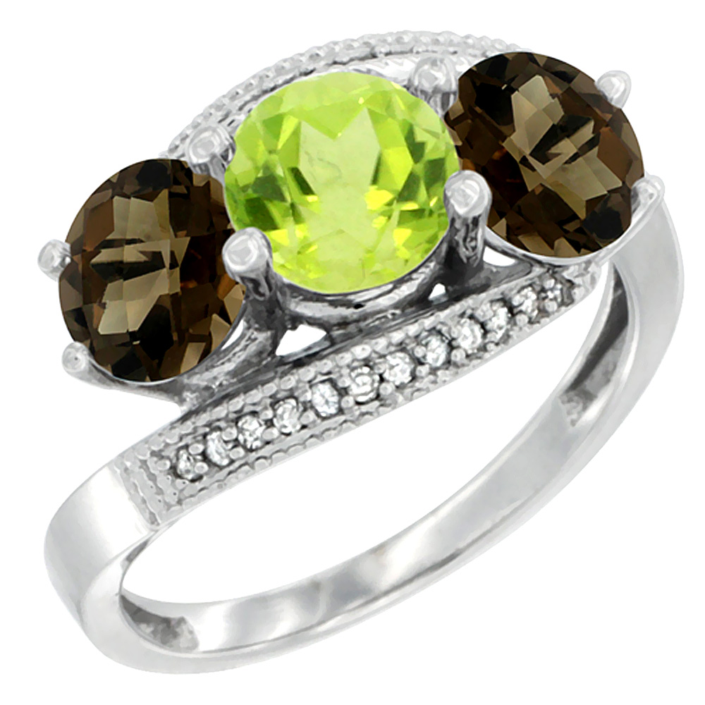 10K White Gold Natural Peridot & Smoky Topaz Sides 3 stone Ring Round 6mm Diamond Accent, sizes 5 - 10