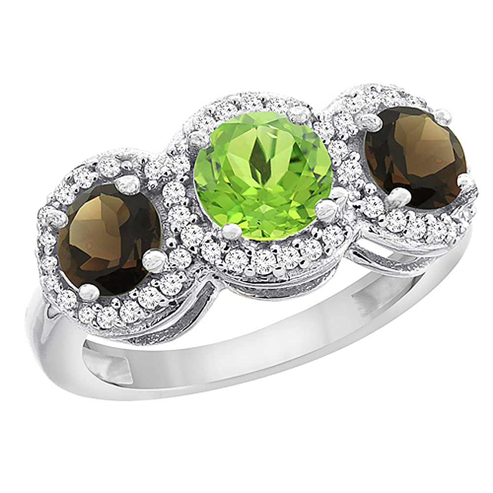 10K White Gold Natural Peridot & Smoky Topaz Sides Round 3-stone Ring Diamond Accents, sizes 5 - 10