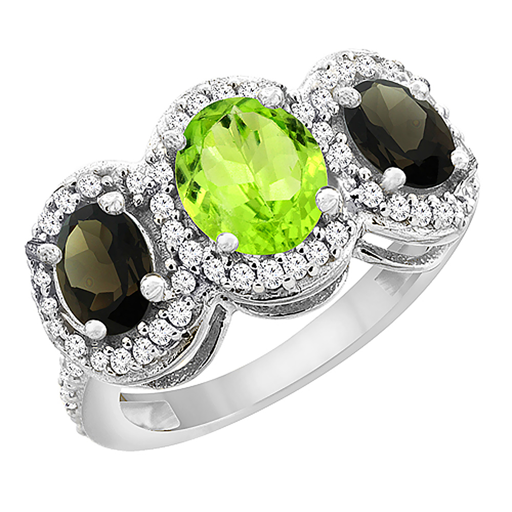 14K White Gold Natural Peridot & Smoky Topaz 3-Stone Ring Oval Diamond Accent, sizes 5 - 10