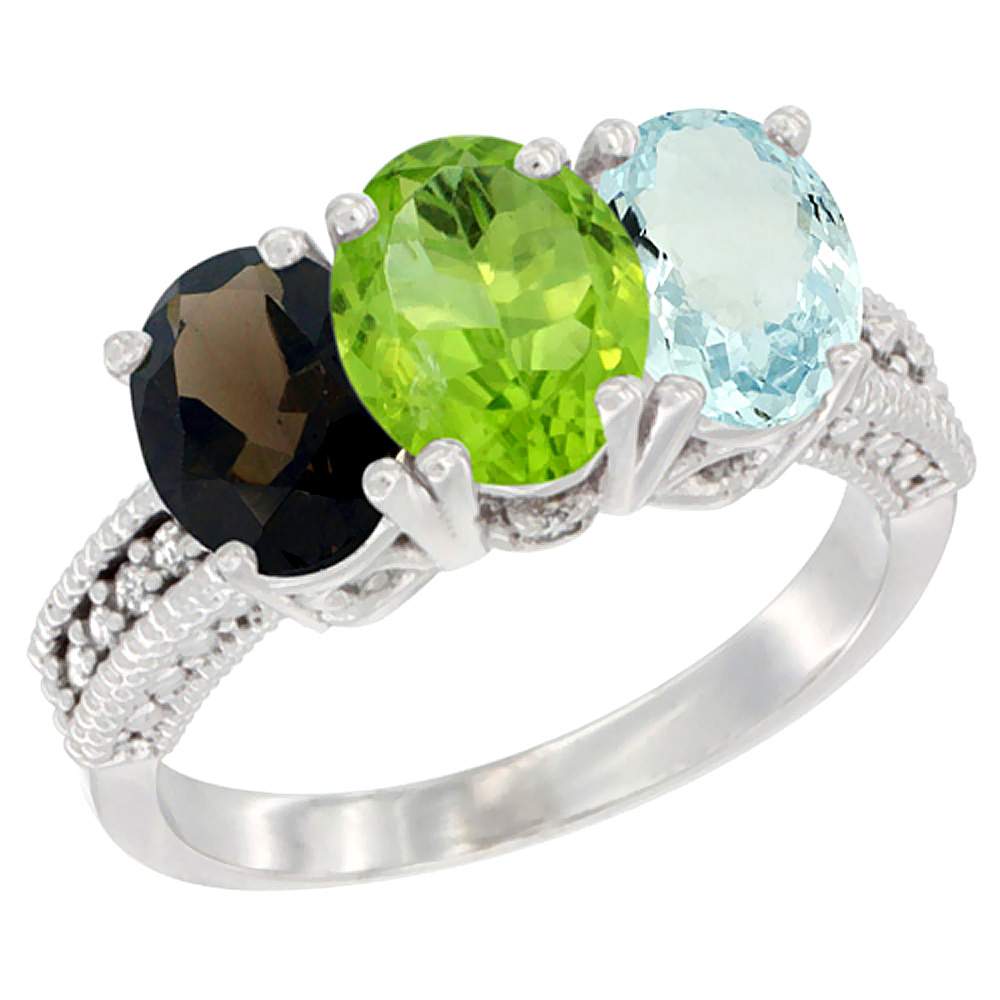 14K White Gold Natural Smoky Topaz, Peridot &amp; Aquamarine Ring 3-Stone 7x5 mm Oval Diamond Accent, sizes 5 - 10