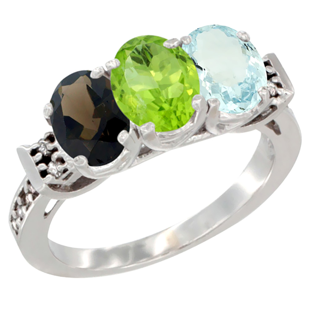 14K White Gold Natural Smoky Topaz, Peridot & Aquamarine Ring 3-Stone Oval 7x5 mm Diamond Accent, sizes 5 - 10