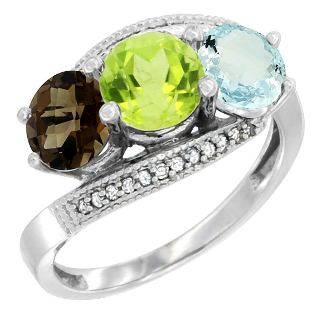 10K White Gold Natural Smoky Topaz, Peridot &amp; Aquamarine 3 stone Ring Round 6mm Diamond Accent, sizes 5 - 10