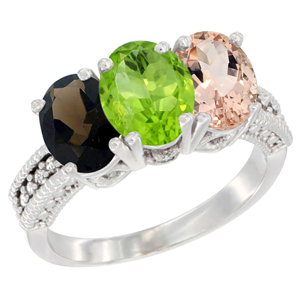 14K White Gold Natural Smoky Topaz, Peridot &amp; Morganite Ring 3-Stone 7x5 mm Oval Diamond Accent, sizes 5 - 10