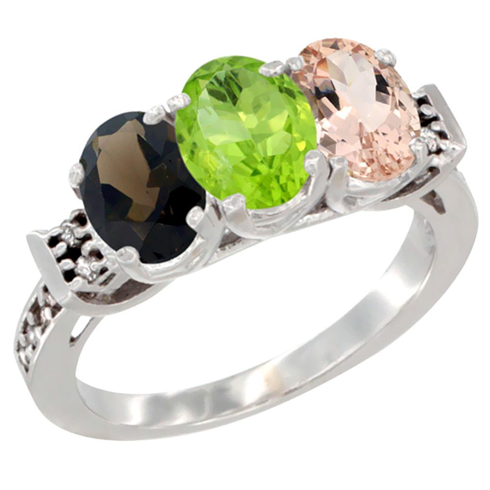 14K White Gold Natural Smoky Topaz, Peridot & Morganite Ring 3-Stone Oval 7x5 mm Diamond Accent, sizes 5 - 10