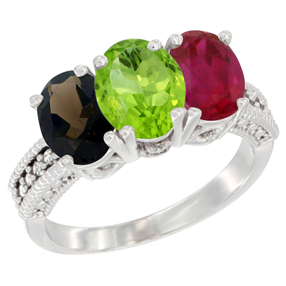 14K White Gold Natural Smoky Topaz, Peridot & Enhanced Ruby Ring 3-Stone 7x5 mm Oval Diamond Accent, sizes 5 - 10