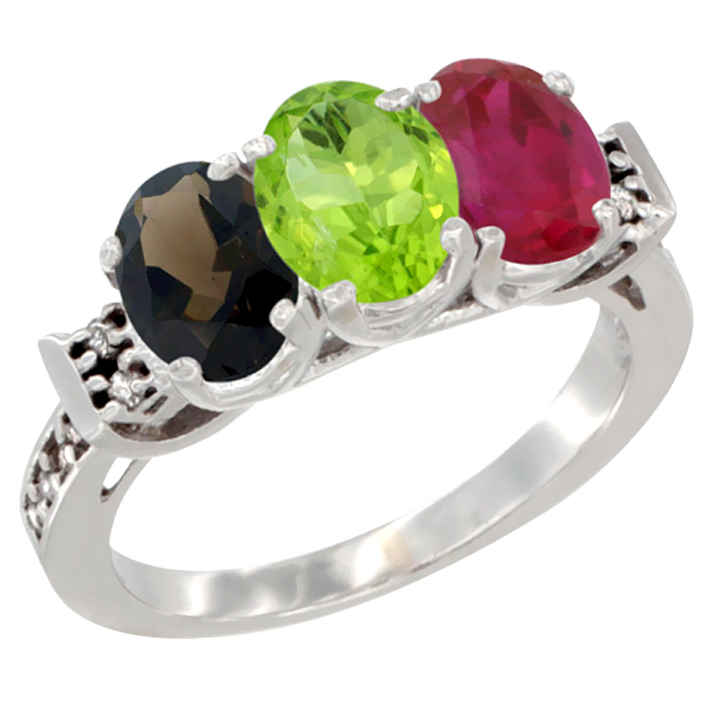 14K White Gold Natural Smoky Topaz, Peridot & Enhanced Ruby Ring 3-Stone Oval 7x5 mm Diamond Accent, sizes 5 - 10