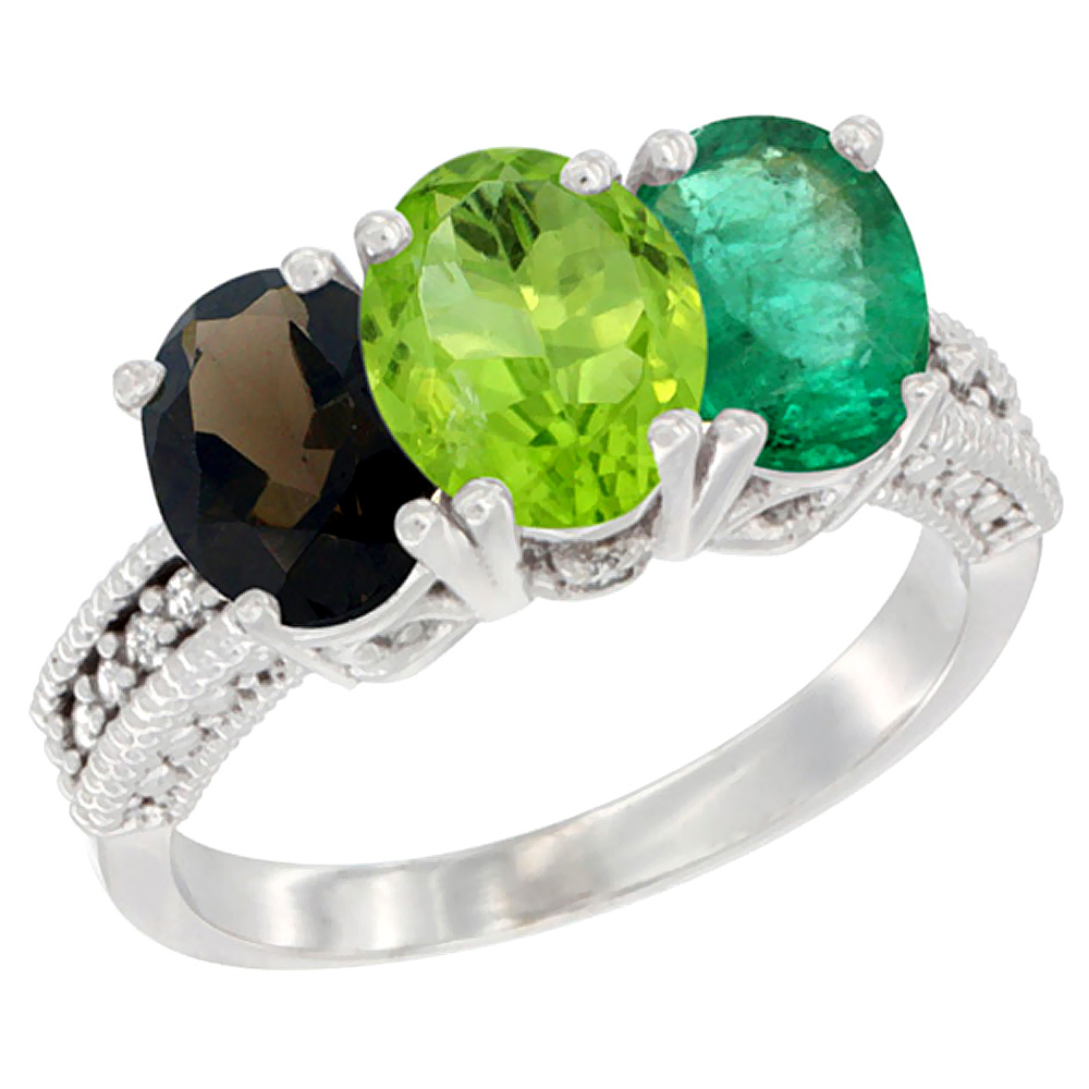 14K White Gold Natural Smoky Topaz, Peridot & Emerald Ring 3-Stone 7x5 mm Oval Diamond Accent, sizes 5 - 10