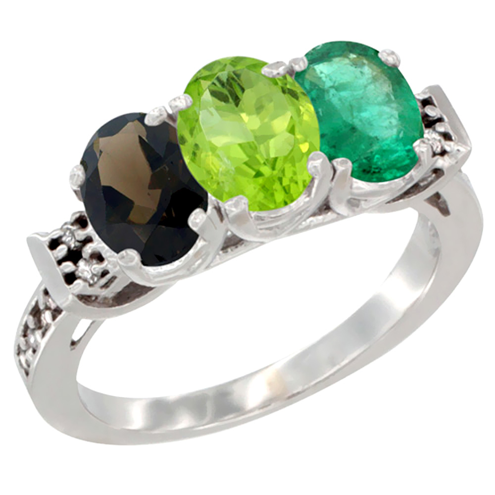 10K White Gold Natural Smoky Topaz, Peridot & Emerald Ring 3-Stone Oval 7x5 mm Diamond Accent, sizes 5 - 10