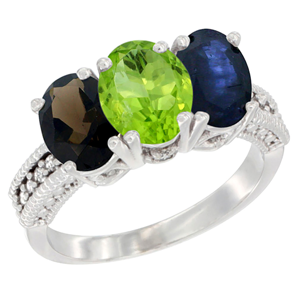 14K White Gold Natural Smoky Topaz, Peridot & Blue Sapphire Ring 3-Stone 7x5 mm Oval Diamond Accent, sizes 5 - 10