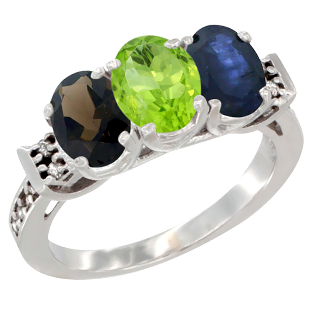 14K White Gold Natural Smoky Topaz, Peridot & Blue Sapphire Ring 3-Stone Oval 7x5 mm Diamond Accent, sizes 5 - 10