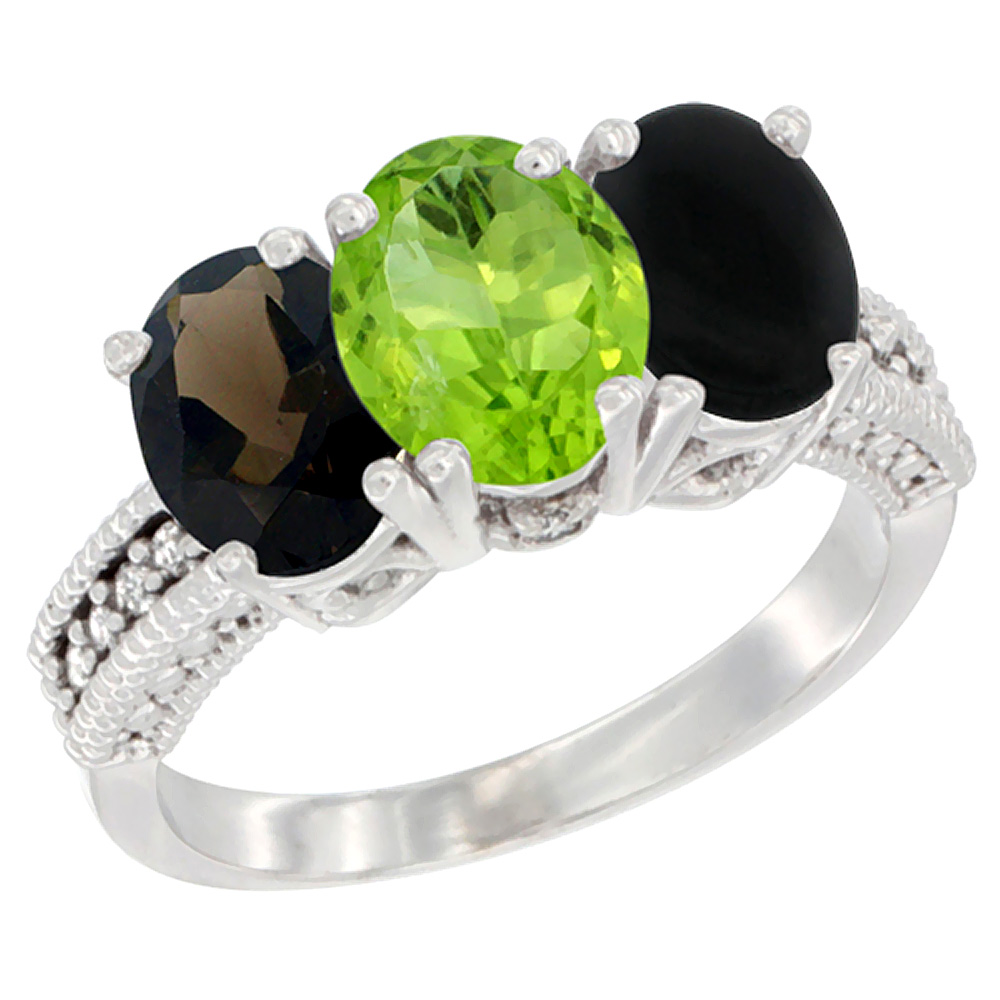 10K White Gold Natural Smoky Topaz, Peridot & Black Onyx Ring 3-Stone Oval 7x5 mm Diamond Accent, sizes 5 - 10