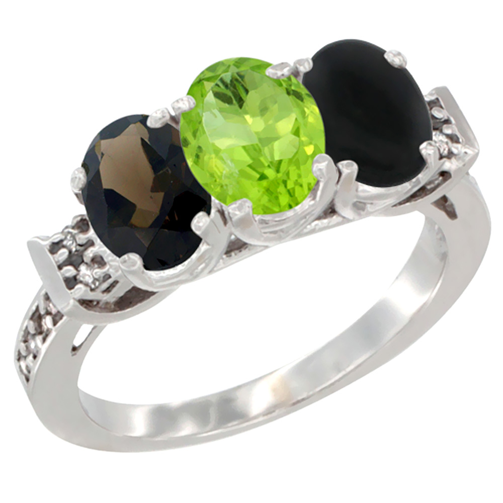 14K White Gold Natural Smoky Topaz, Peridot &amp; Black Onyx Ring 3-Stone Oval 7x5 mm Diamond Accent, sizes 5 - 10