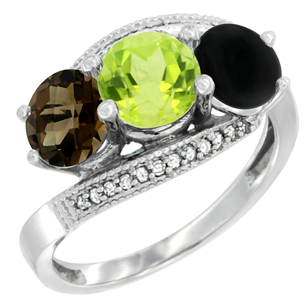 10K White Gold Natural Smoky Topaz, Peridot & Black Onyx 3 stone Ring Round 6mm Diamond Accent, sizes 5 - 10