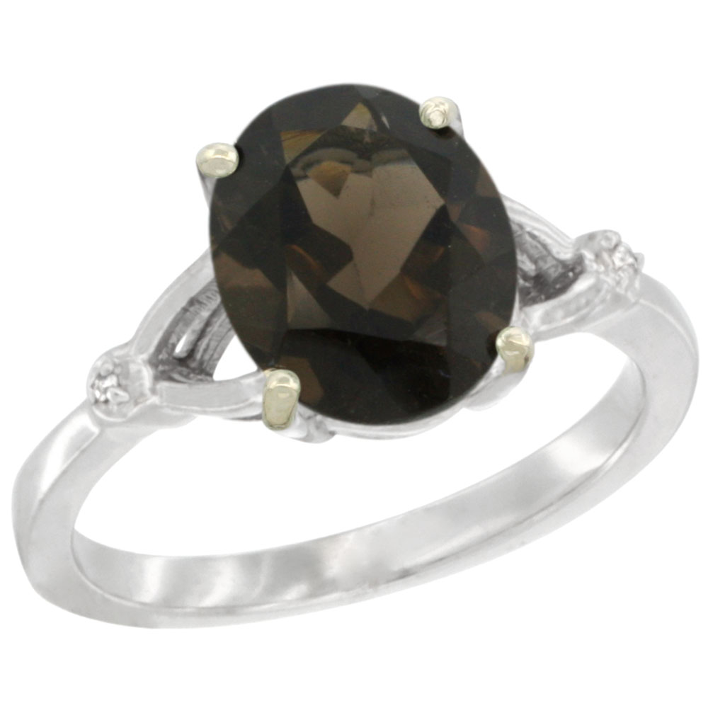 10K WHITE GOLD SIMPLE LARGE 4 PRONG 10X8MM OVAL SMOKY TOPAZ ENGAGEMENT RING FOR WOMEN 3/8 INCH WIDE SIZES 6-10