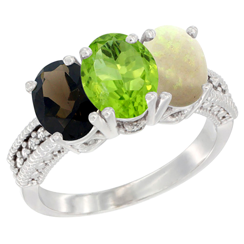 10K White Gold Natural Smoky Topaz, Peridot &amp; Opal Ring 3-Stone Oval 7x5 mm Diamond Accent, sizes 5 - 10